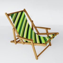 [ Thumbnail: Vibrant Tan, Light Green, Green, Black & Forest Green Colored Pattern of Stripes Sling Chair ]