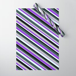 [ Thumbnail: Eye-catching Dark Slate Gray, Grey, Purple, Light Cyan, and Black Colored Lines Pattern Wrapping Paper ]