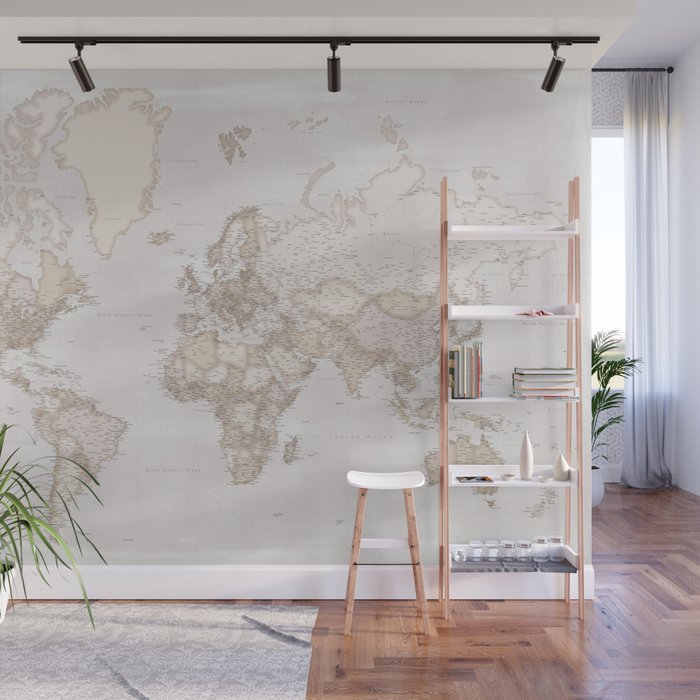 Rustic and highly detailed world map with cities, "Lucille" Wall Mural