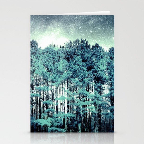 Tall Trees Galaxy Skies Muted Turquoise Steel Blue Stationery Cards