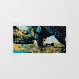 Nature landscape illustration. Algarve Portugal vintage travel, Benagil sea cave Hand & Bath Towel