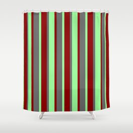 [ Thumbnail: Dark Red, Green, and Dim Gray Colored Lines Pattern Shower Curtain ]
