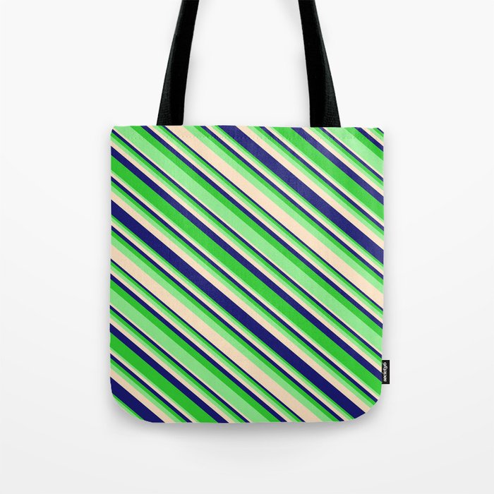 Lime Green, Light Green, Bisque, and Midnight Blue Colored Lined Pattern Tote Bag
