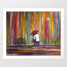 Love in a twilight colorful rain; couple with red umbrella romantic portrait painting by Manjiri Art Print