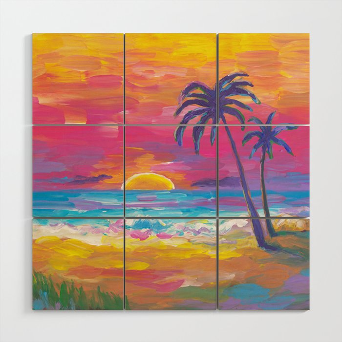Sunset Beach Palms Landscape Painting Wood Wall Art