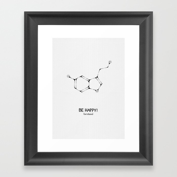 Serotonin Molecule - Be Happy! - Black Ink Framed Art Print