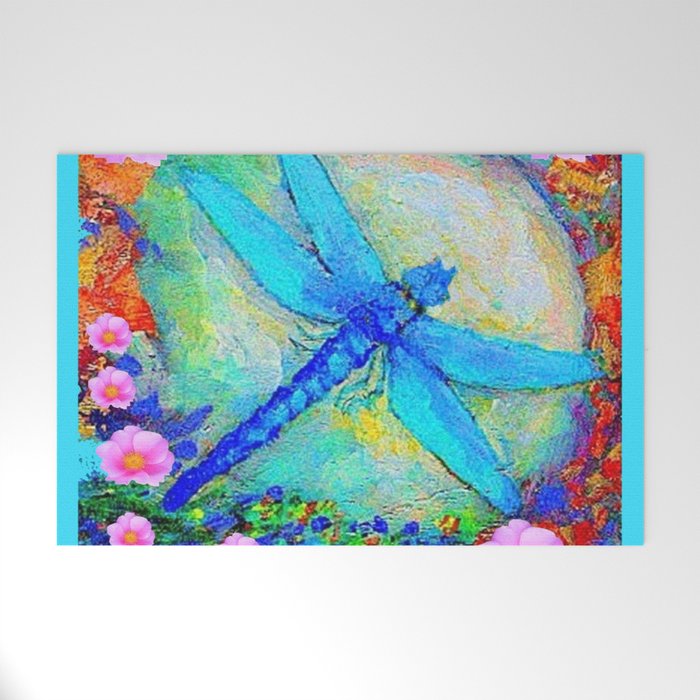 Blue Dragonfly Pink Roses Bohemian Fantasy Art Welcome Mat By Sharlesart