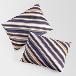 [ Thumbnail: Colorful Brown, White, Dim Gray, Black & Midnight Blue Colored Lines Pattern Pillow Sham ]