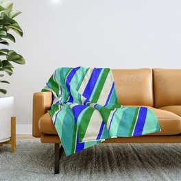 [ Thumbnail: Vibrant Aquamarine, Light Sea Green, Green, Beige, and Blue Colored Lines Pattern Throw Blanket ]