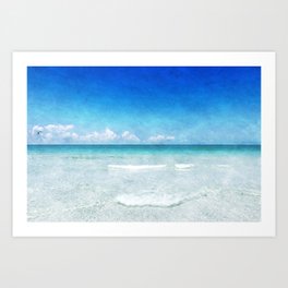 Tropical Beach in Teal Aqua Turquoise Blue with Ocean Waves, Sand and White Clouds Art Print