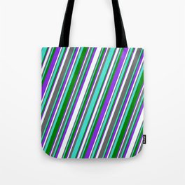 [ Thumbnail: Dim Grey, Turquoise, Green, Purple & Mint Cream Colored Lined Pattern Tote Bag ]