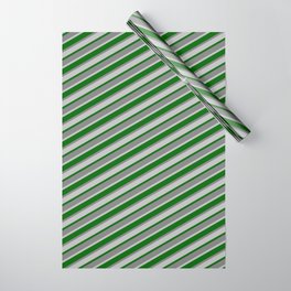 [ Thumbnail: Dark Green, Gray, and Grey Colored Stripes/Lines Pattern Wrapping Paper ]
