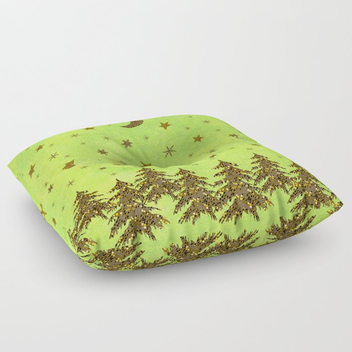 Sparkly Christmas tree, stars, moon on abstract green paper Floor Pillow