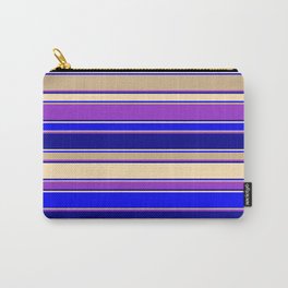 [ Thumbnail: Colorful Dark Orchid, Dark Blue, Beige, Blue & Tan Colored Striped Pattern Carry-All Pouch ]