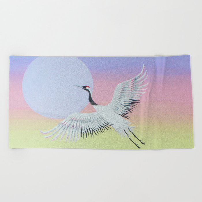 In Flight  - Crane in Sunset Landscape - acrylic on canvas Beach Towel