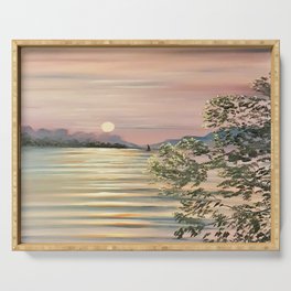 Sunset over a lake Serving Tray