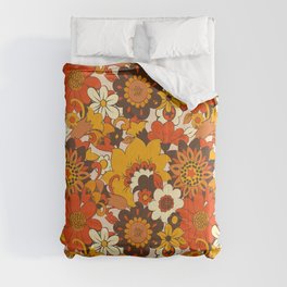 Retro 70s Flower Power, Floral, Orange Brown Yellow Psychedelic Pattern Comforter
