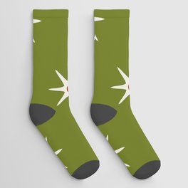 Atomic mid century retro star flower pattern in green background Socks