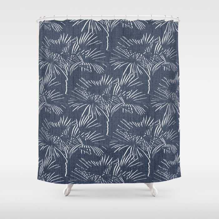 70’s Retro Palm Trees Navy Blue Shower Curtain
