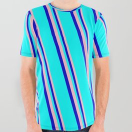 [ Thumbnail: Pink, Blue, and Cyan Colored Lines Pattern All Over Graphic Tee ]