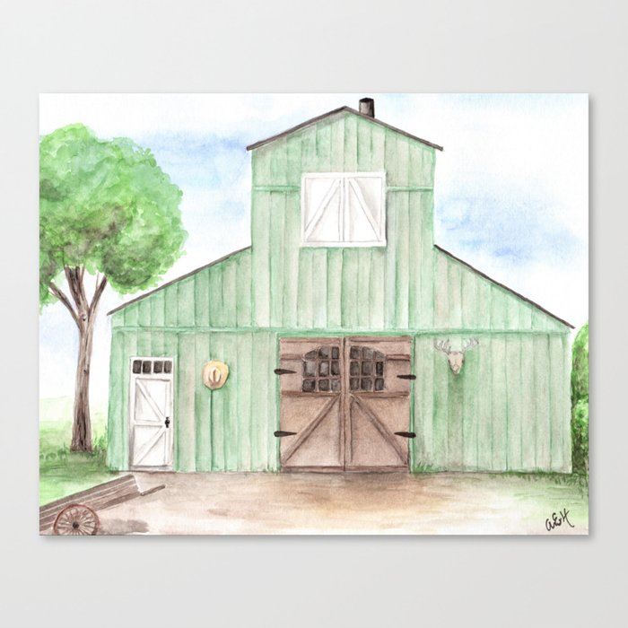 Green Barn Painting Watercolor Country Farm Art Canvas Print By