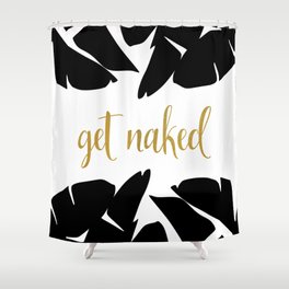Get Naked Funny, Tropical Palm, Black, White and Gold Shower Curtain