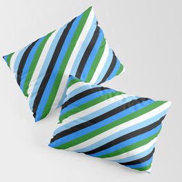 [ Thumbnail: Eye-catching Blue, Forest Green, White, Light Sky Blue & Black Colored Stripes Pattern Pillow Sham ]