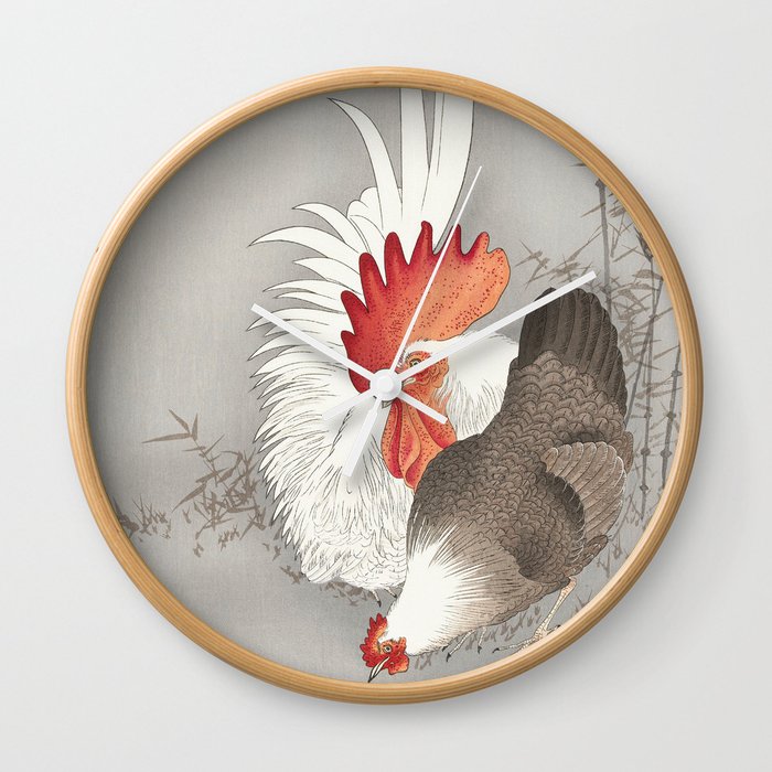 Japanese  Painting of Rooster and chicken Vintage Rooster and chicken Painting Watercolor Painting of Bird Wall Clock