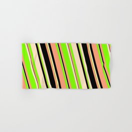 [ Thumbnail: Light Salmon, Black, Bisque & Chartreuse Colored Striped/Lined Pattern Hand & Bath Towel ]