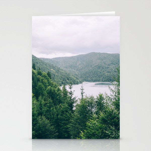 Rainy Mountain Landscape Photography | Green Hills with Forest Photo | Lake and Woods Stationery Cards