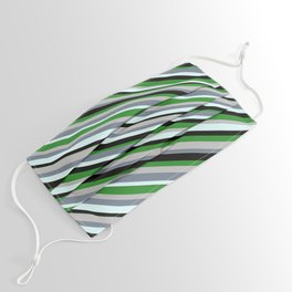 [ Thumbnail: Eye-catching Forest Green, Grey, Slate Gray, Light Cyan & Black Colored Lined/Striped Pattern Face Mask ]