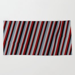 [ Thumbnail: Slate Gray, Dark Gray, Dark Red & Black Colored Stripes Pattern Beach Towel ]