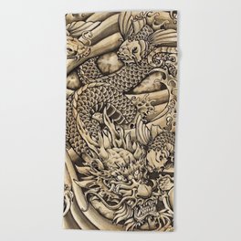 Japanese dragon and Koi fish Beach Towel