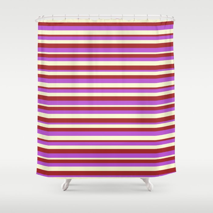 Brown, Orchid & Light Yellow Colored Stripes/Lines Pattern Shower Curtain