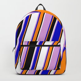 [ Thumbnail: Eye-catching Plum, Blue, Dark Orange, Black & White Colored Stripes/Lines Pattern Backpack ]