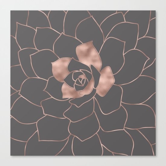 Rosegold blossom on grey - Pink metal-effect flower Canvas Print