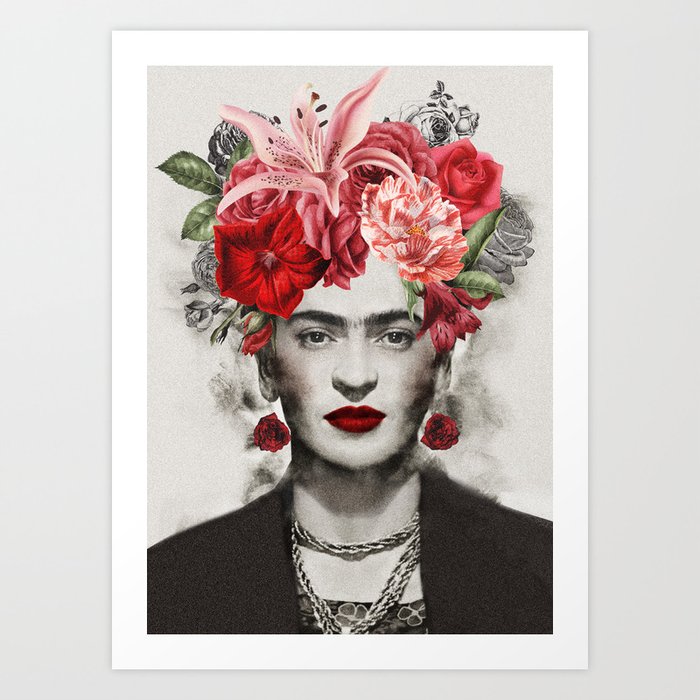 FRIDA Art Print | Collage, Frida, Flower, Vintage, Rose, Portrait, Woman, Lips, Sexy, Woman-power
