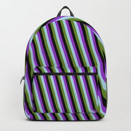 [ Thumbnail: Dark Orchid, Light Blue, Green, and Black Colored Lines Pattern Backpack ]