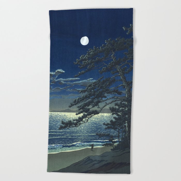 Kawase Hasui, Moonlight Over Ninomiya Beach - Vintage Japanese Woodblock Print Art Beach Towel