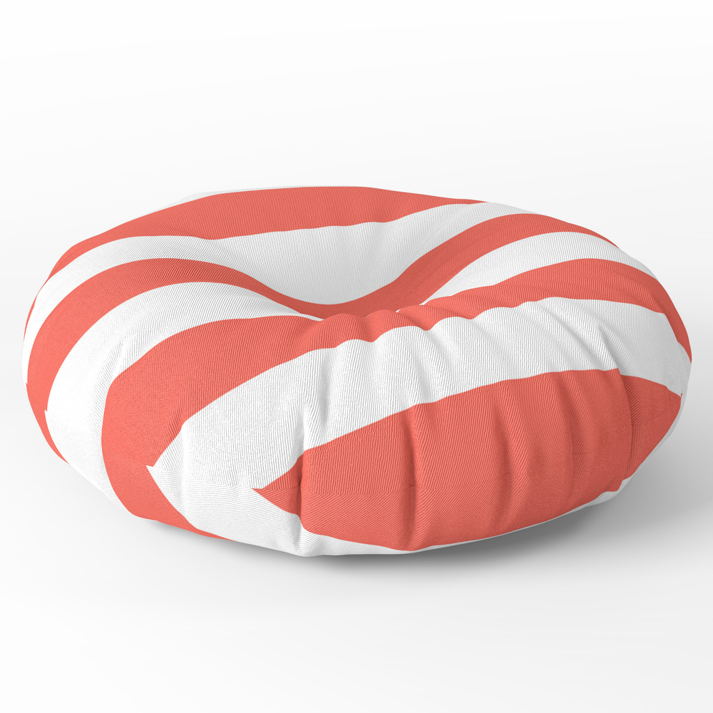 Vermilion - Solid Color - White Stripes Pattern Round Floor Pillow - x 26