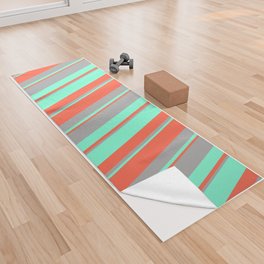 [ Thumbnail: Red, Aquamarine, and Dark Grey Colored Lined/Striped Pattern Yoga Towel ]