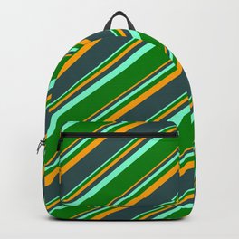 [ Thumbnail: Orange, Dark Slate Gray, Aquamarine, and Green Colored Stripes Pattern Backpack ]
