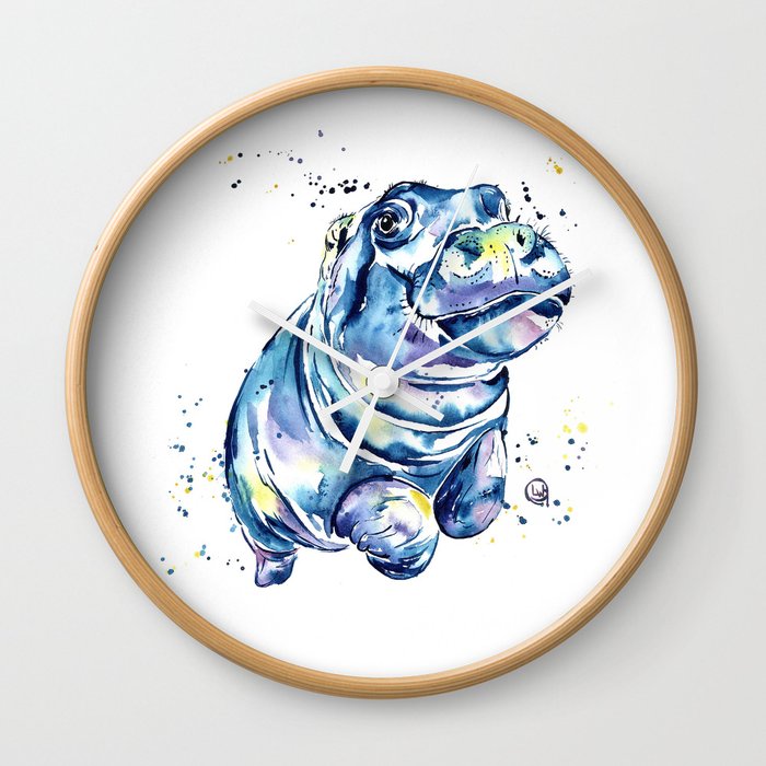 Hippo Colorful Watercolor Hippo Painting - Grace Wall Clock