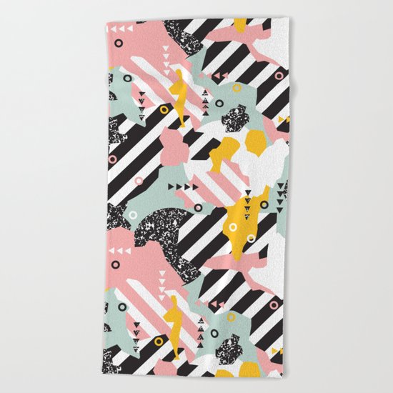 Spliced Geometric Memphis Pattern Geo Stripes Beach Towel