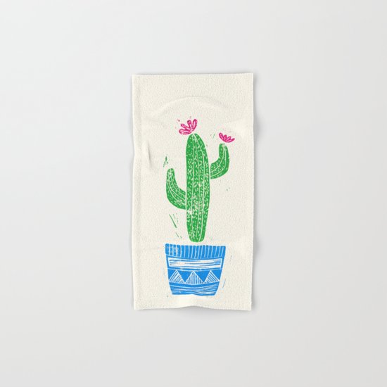 Linocut Cactus #2 in a pot Hand & Bath Towel