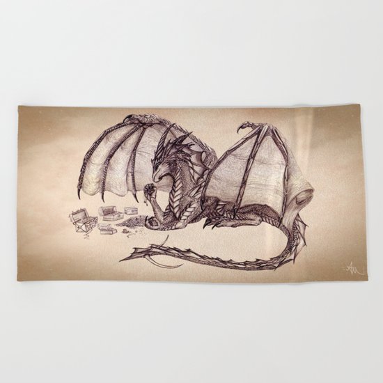 "Material Girl" by Amber Marine ~ Graphite & Charcoal Dragon Art, (c) 2005 Beach Towel