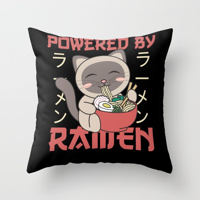 Powered By Ramen Cute Cat Eats Ramen Siamese Cat Throw Pillow