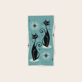 Mid Century Meow Retro Atomic Cats on Blue Hand & Bath Towel