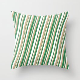 [ Thumbnail: Tan, Sea Green, and White Colored Lined Pattern Throw Pillow ]