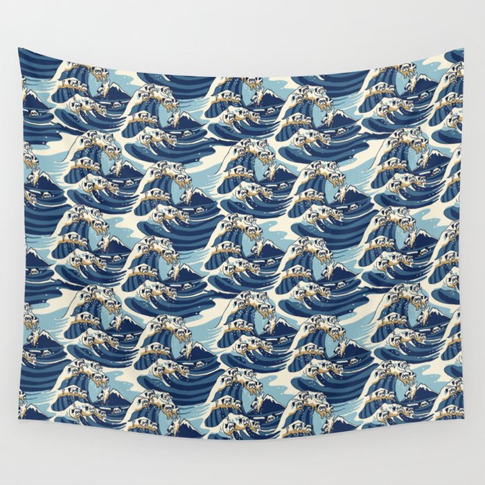 The Great Wave of Pug Pattern Wall Tapestry